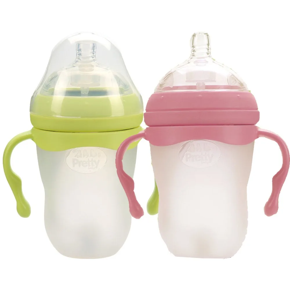 

2 Colors Silicone Baby Feeding Bottle Newborn Training Cup Juice Milk Bottles Children Safe Drinker Handle Bottle With Pacifier