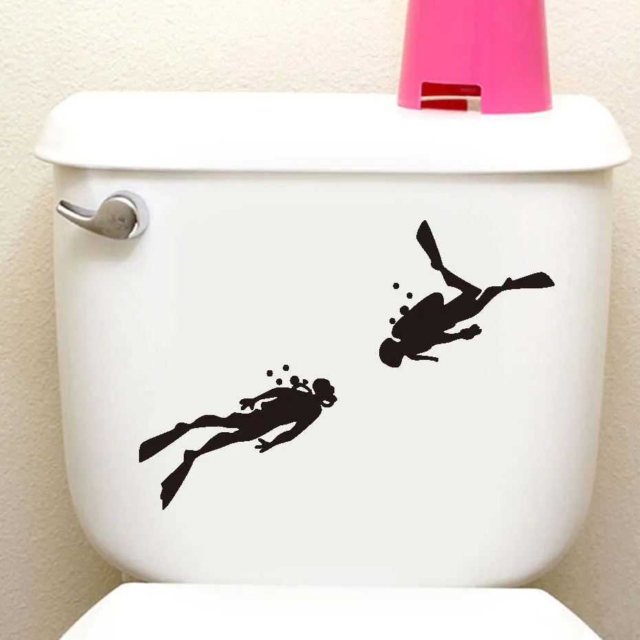  Two Scuba Divers Wall Decals Sharks Toilet Sticker Combine Creative And Interesting For Washroom Bathroom Home Decoration (2)