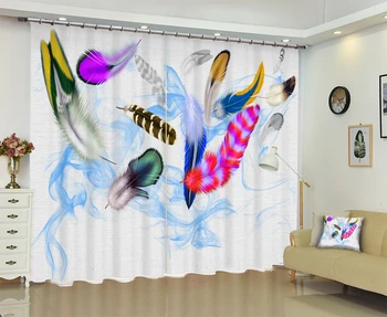 

Multi color Feather print Blue Luxury 3D Blackout Window Curtain Drapes For Living room Bed room Hotel Wall Tapestry Cortinas