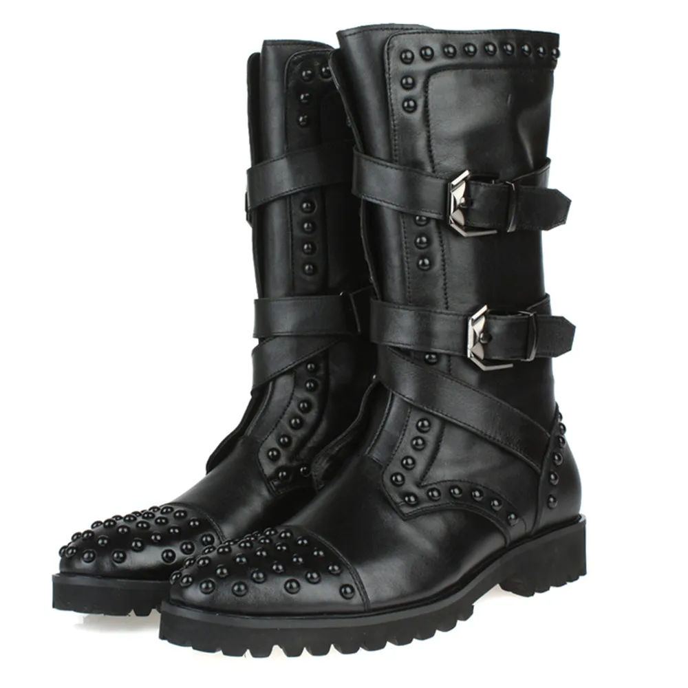 

2016 Brand Black Mens Mid calf Rivets Buckle Boots Genuine Leather Military Boots Mens Winter Shoes New Mens Motorcycle Boots