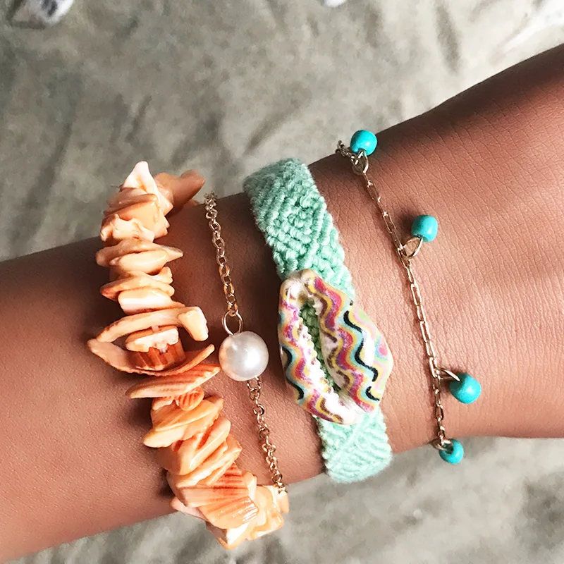 

JCYMONG New Fashion Design Colorful Weaving Rope Chain Charm Bracelets For Women 2019 Bohemian Beach Gravel Shell Bracelet Set