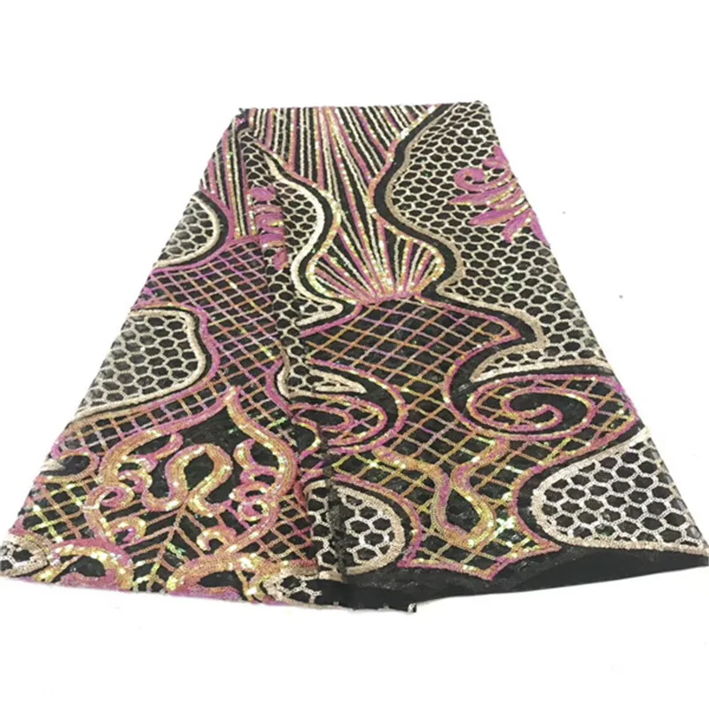 

French Net Lace 2019 Latest african guipure lace sequins fabric with embroidery mesh tulle Gold Sequins French lace fabric pink