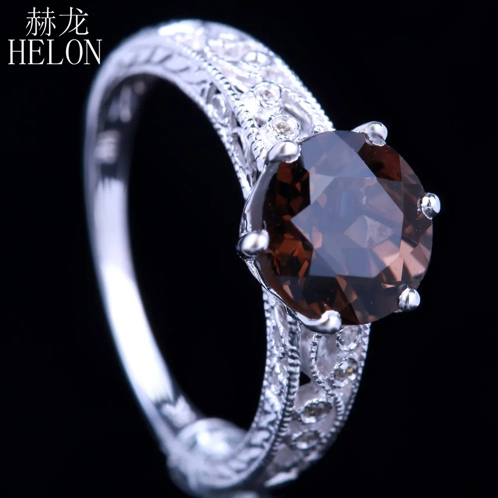 

HELON 7.5-8mm 2.12ct Smokey Quartz Diamonds Ring 925 Sterling Silver Art Deco Antique Engagement Wedding Ring Jewelry Women's