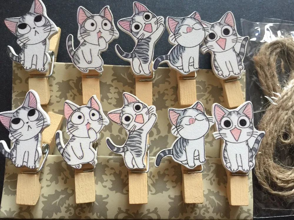 Love Cat 10pieces Wooden Pegs Photo Paper Clips with Twine Pin Clothespin Craft for Children's Party Gift Decorations | Дом и сад