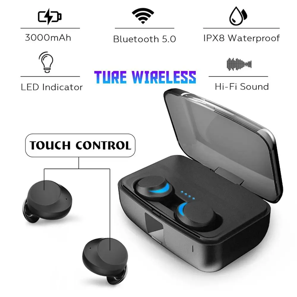 

TWS Bluetooth 5.0 Wireless Headset Touch Control Auto Pairing IPX8 Waterproof TWS Headsets Work for Music and Call 3000mAh