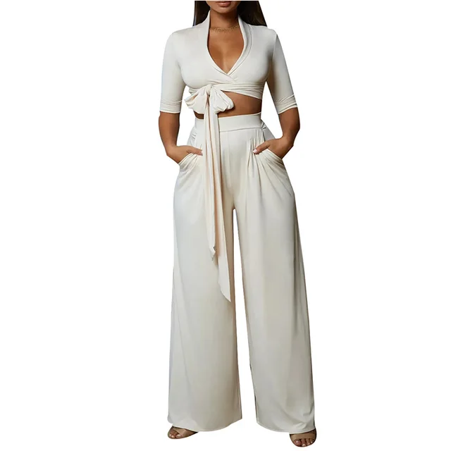 New Wide Leg Pants Set Lady Suit Sexy Womens Casual Half Sleeve Two