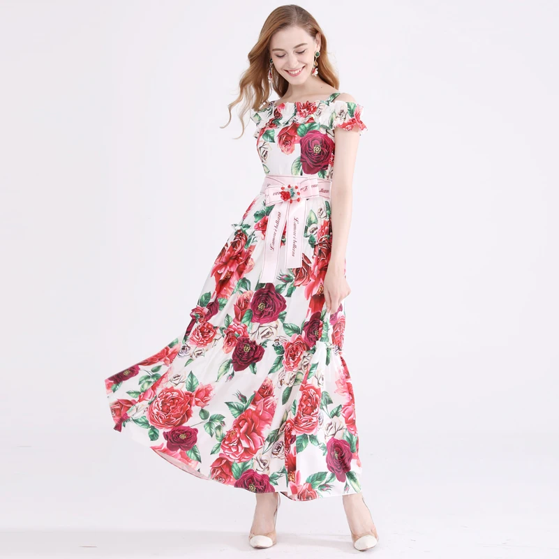 

High quality 2020 new designer fashion Maxi dress Women Off the Shoulder Flower Print Ruffle Bow Crystal Casual long Dress