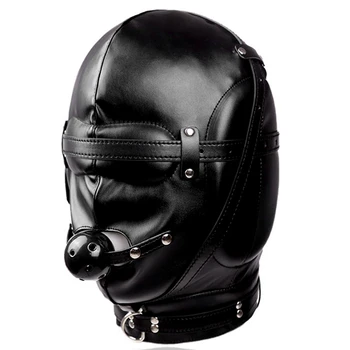 

Leather Full Head Bondage Harness Sexy Headgear With Mouth Ball Gag Leather Hood Unisex Games Cosplay Rave Mask for Couples