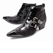 Мужские ботинки; высококачественные Мужские модельные ботинки из натуральной кожи с острым носком и конским мехом; модная мотоциклетная обувь на молнии с пряжкой на высоком каблуке