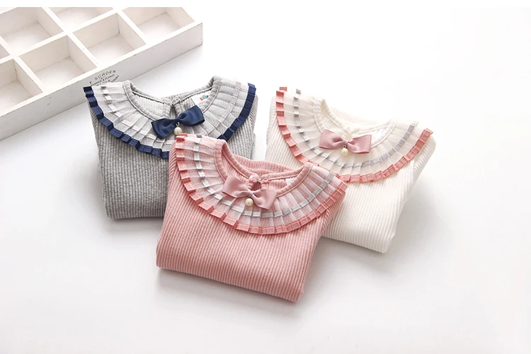 2018 Spring Autumn 100% Cotton White Grey Pink Solid Color Long Sleeve Pleated Turn-Down Collar Neck T Shirt For Girls 10 Years (12)