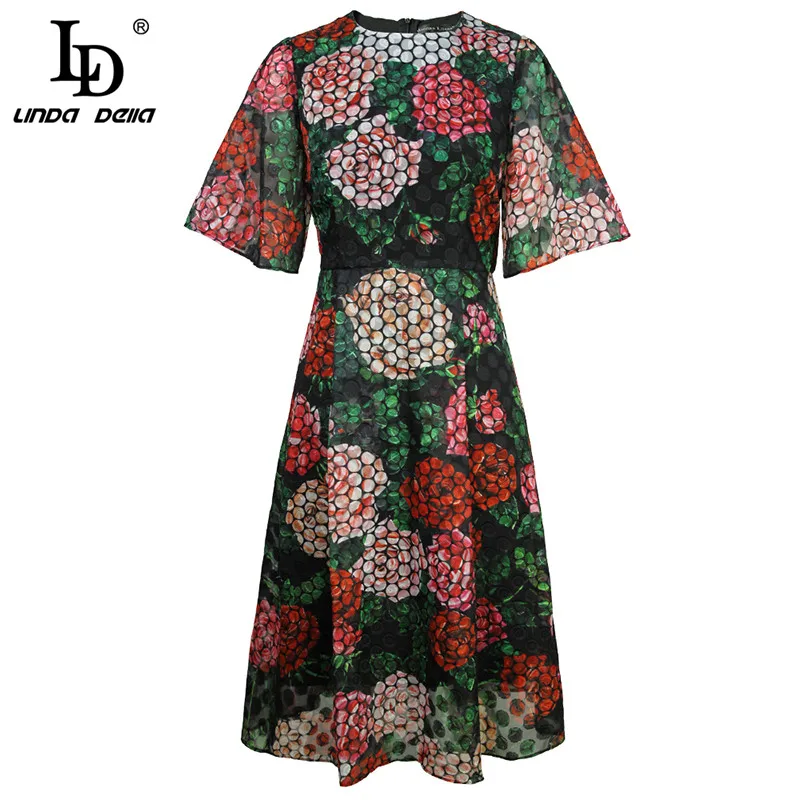 LD LINDA делла модное подиумное летнее платье женское с коротким рукавом красивый цветочный принт винтажное элегантное платье vestidos