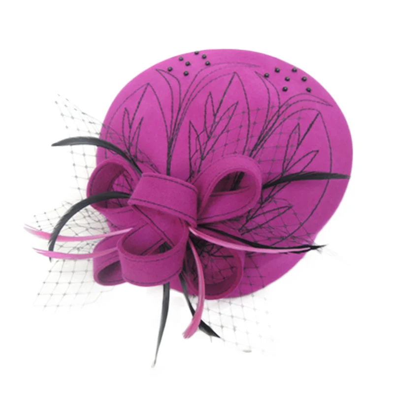 FS Fascinator, женские,, Австралия, шерсть, Pillbox Hat, небесно-голубой, для девушек, формальные, войлочные, Дерби, церковные шапки, зимние, с цветами, свадебные, Femme - Цвет: Purple Red