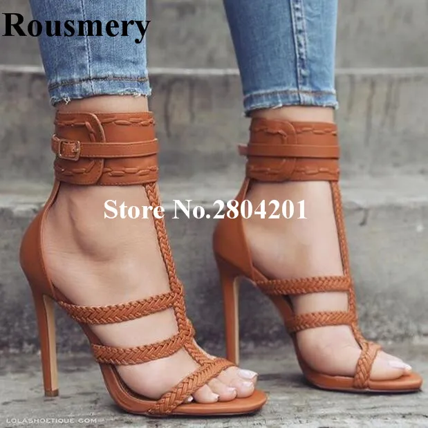 

Rousmery Fashion Rope Weave T-Strap Buckle Strap High Heel Open Toe Solid Gladiator Casual Dress Summer Strappy Sandals Women