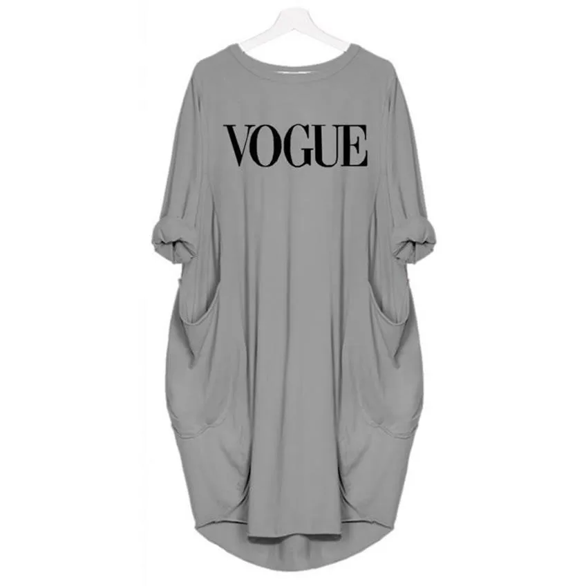 Новинка, модная футболка для женщин, VOGUE, с буквенным принтом, с карманами, топы, Harajuku, футболка размера плюс, с графическим рисунком, женские футболки с открытыми плечами - Цвет: Серый