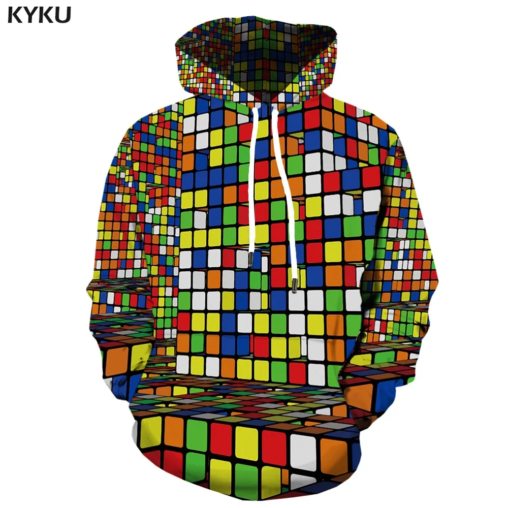 KYKU, 3d толстовки, кубические толстовки Rubiks, мужские толстовки в квадрате, 3d Геометрическая Толстовка с капюшоном, аниме, черная толстовка с принтом, Повседневная Толстовка с капюшоном