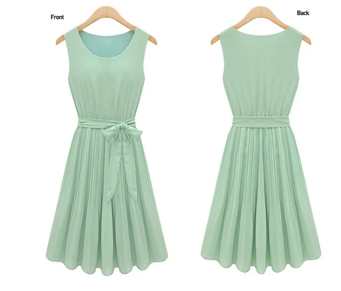 Free Shipping 2015 Summer Women's Casual Dress Elegance Bow Pleated Chiffon Vest Green&ampBrown Sleeveless Vestidos | Женская одежда