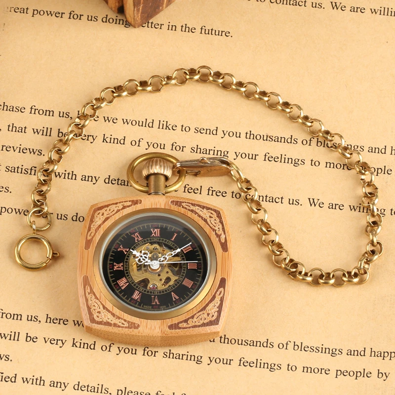 Top Luxury Square Mechanical Hand Winding Royal Red Bamboo Wood Pocket Watch Retro Antique Gifts for Men Women + 30cm Gold Chain (2)