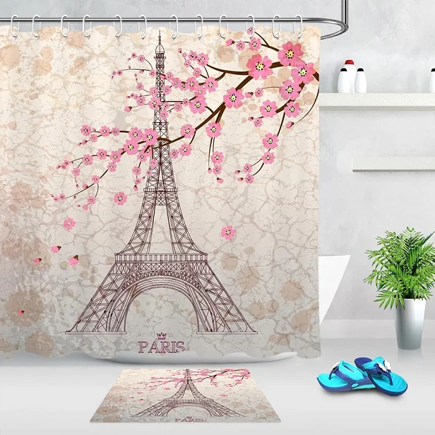 Парижская башня Романтический Вишневый цветок дождь занавеска для душа коврик для ванной Водонепроницаемый полиэстер ткань для ванной домашний декор - Цвет: Curtain and Mat