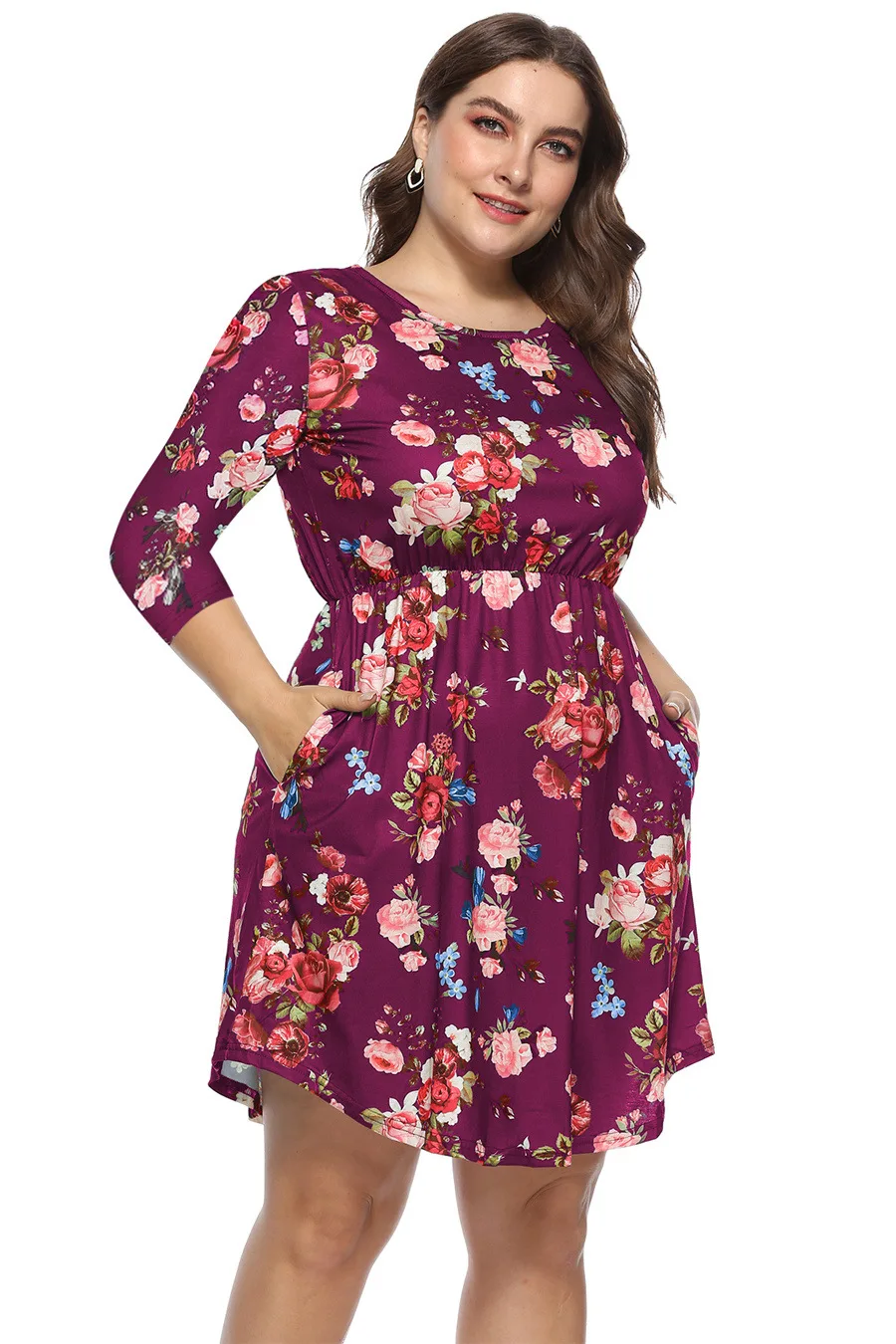 Gladiolus Floral Print Women Summer Dress O-Neck 34 Sleeve Empire Waist Casual Knee-Length Dress Autumn Vestidos Plus Size 4XL  (11)