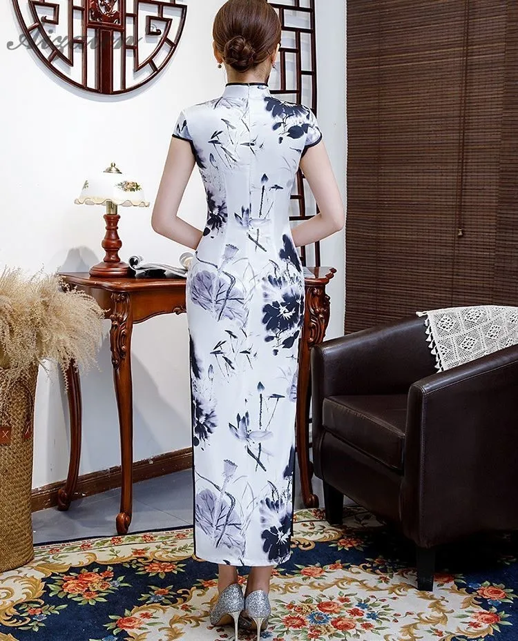 Весной новый принт Cheongsam Длинные платья Chinoise похожие Шелковый Qi Pao нация ветер винтажное платье китайское платье Qipao Женская Роба в