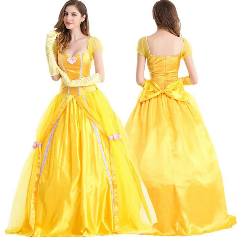 Сказочный карнавальный костюм красавицы и чудовища для женщин; платье принцессы Белль для косплея+ жёлтые Длинные Платья с цветочным принтом - Цвет: BELLE dress