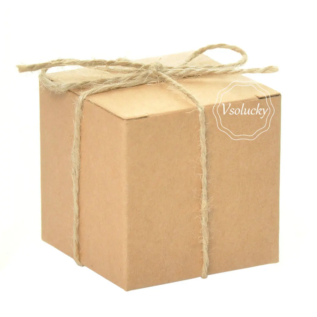 100 шт квадратная коробка из крафт-бумаги с джутовым галстуком, подарочные винтажные коробки для конфет, декор для свадебной вечеринки, дня рождения, детского душа 5*5*5 см