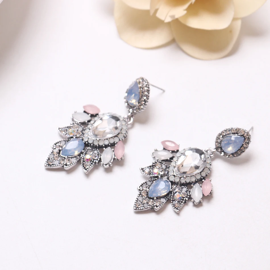 Ztech New Hot Light Blue& Pink Resin with big Crystal Flower Earrings for Women Luxury Starburst Pendant Gem Statement Earrings