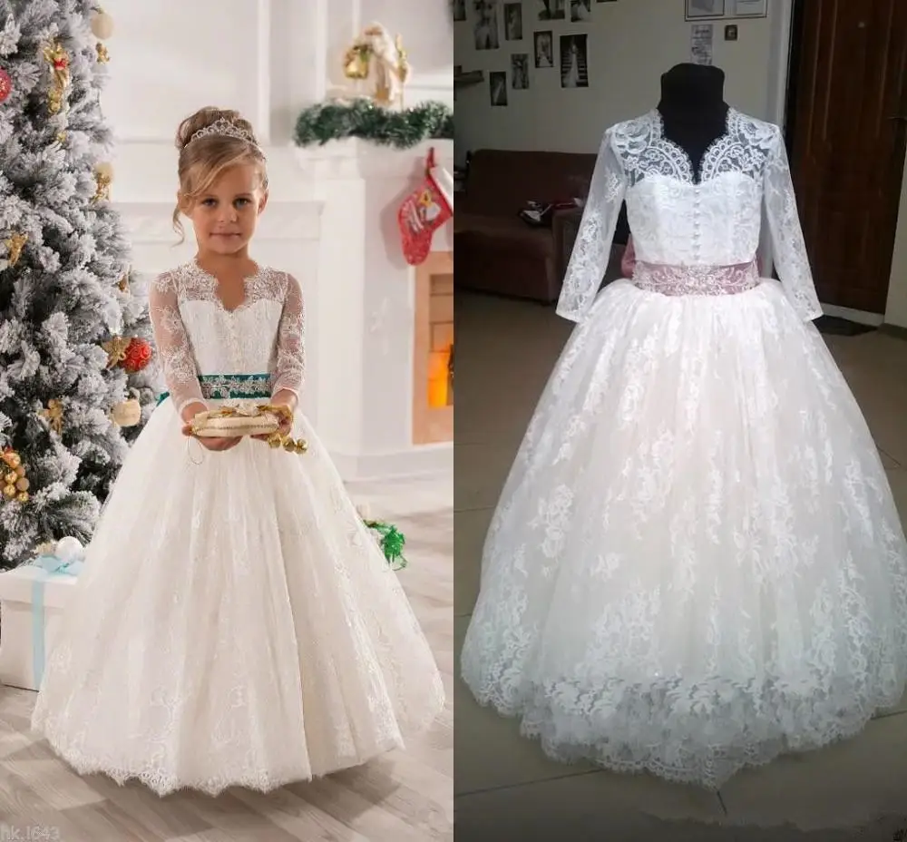 

Pageant Kids Long Sleeve Flower Girl Dresses Girl's Clothing Lace Child Birthday First Communion Princess Gowns