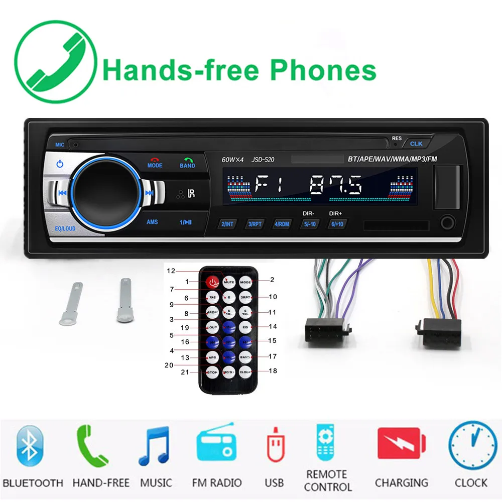 

1 Din Handsfree Bluetooth Car Radio Stereo MP3 Music Player Wireless Audio adapter 3.5mm USB SD AUX FM U Disk phone charging