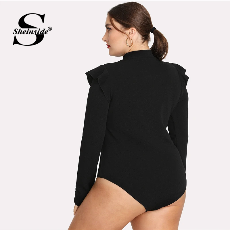 Sheinside زائد حجم عادي أسود حامل طوق عمال ارتداءها مكتب السيدات كم طويل تمتد كشكش النساء الخريف داخلية Sheinside زائد حجم عادي أسود حامل طوق عمال ارتداءها مكتب السيدات كم طويل تمتد كشكش النساء الخريف داخلية