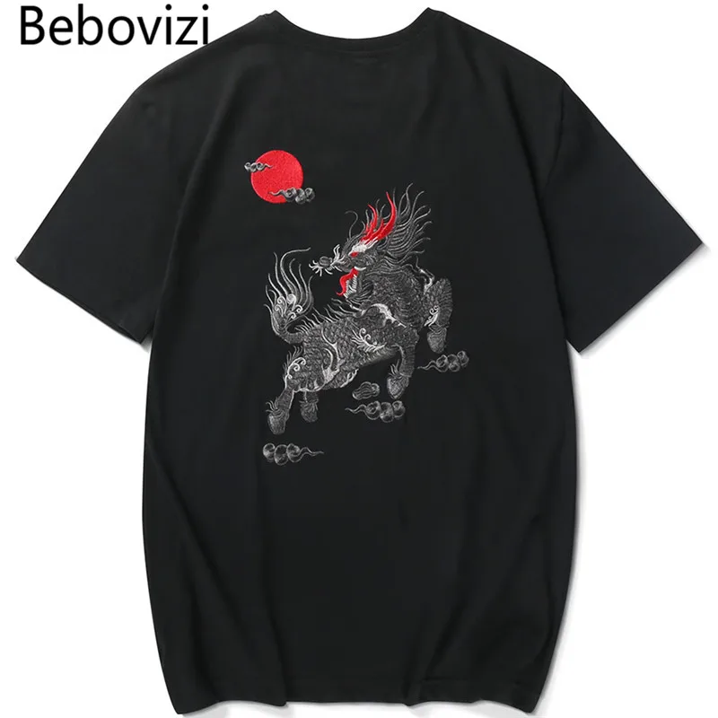 

Bebovizi Japanese Style Embroidery Men T Shirt 2019 Hip Hop God Beast T-Shirt Harajuku Tees Streetwear Mens Cotton Clothing