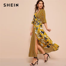 SHEIN платье в полоску с цветочным принтом, платье с вырезом, рукав три четверти, женские платья с высокой талией, весенне-осенние платья