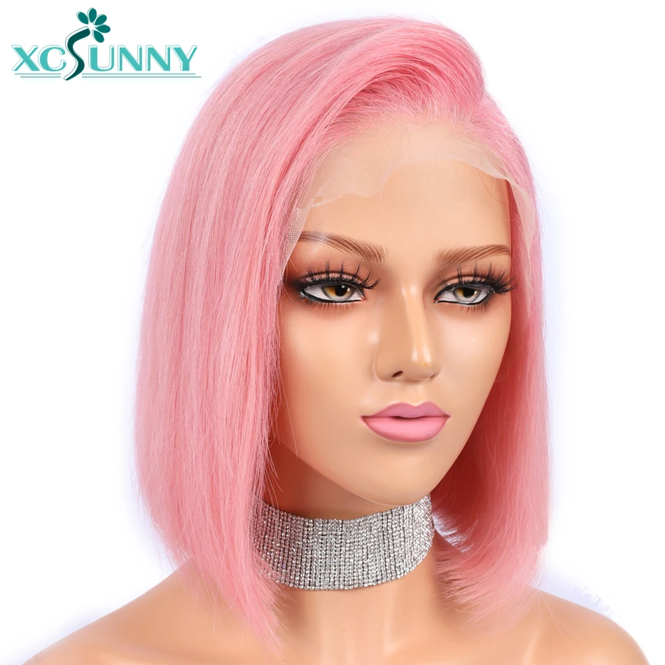 

Pink Bob Wig 13X6 Lace Front Human Hair Wigs Short Cut Peruvian Remy Hair 10Inch Lace Frontal Wig For Summer Pre Plucked xcsunny