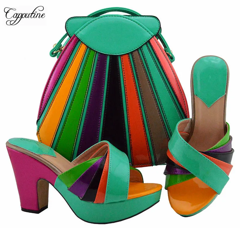 

Wonderful party set water green with colorful PU leather high heel pump shoes with bag set MD008 heel height 10.5cm