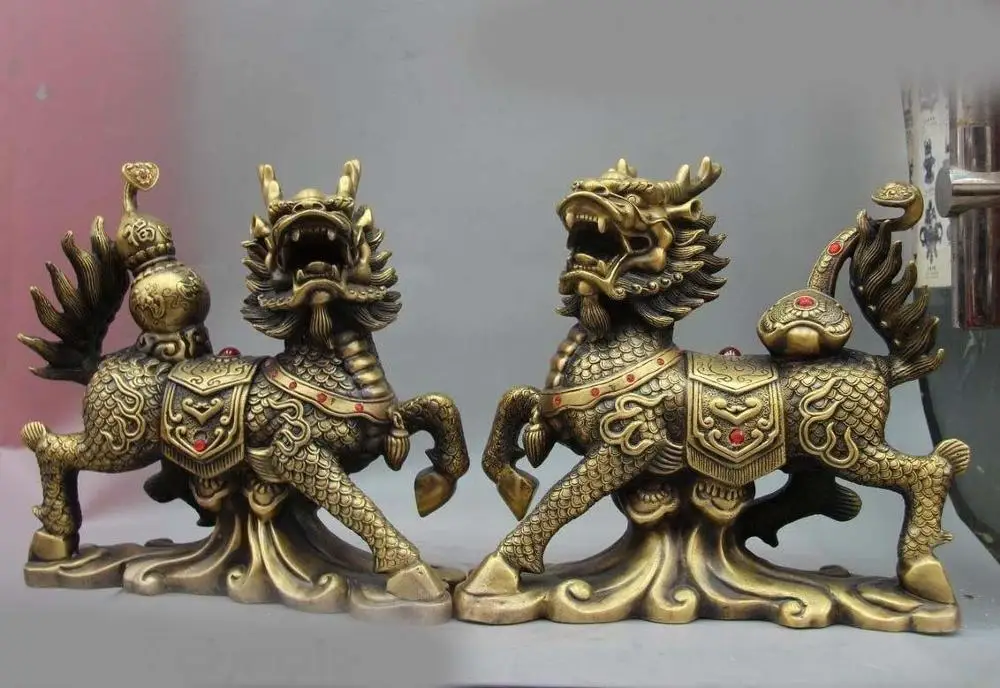 

China Bronze Feng Shui Ruyi Gourd Kirin Unicorn kylin Foo Dog Lion pair Statue A(0505)