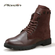Plardin 2017 Fashion Winter motorcycle boots Comfortable Man Cross-tied Mid-calf Stitching Shoes Zip Knight boots for men