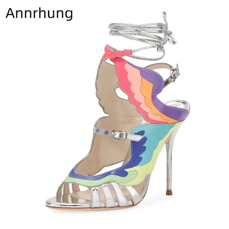 

Rainbow Color Wings Gladiator Sandals Women Sexy Peep Toe Cross-tied Thin High Heels Unique Cut Out Mixed Color Sandalias Mujer