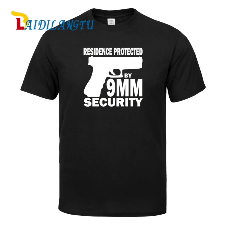 

Free Shipping t shirt men Residence Protected By 9mm Gun Security High Quality Cotton O-Neck Short Sleeve TShirts Male Top Tees