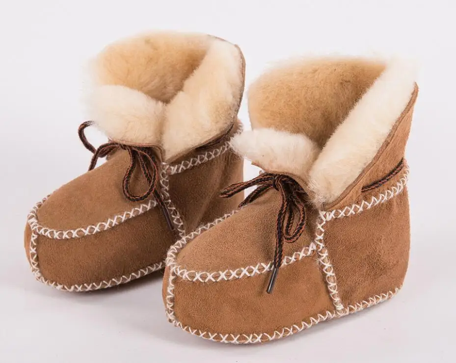 New Keep warm winter Genuine Leather Wool fur baby boy boots toddler girls soft Moccasins shoes with plush Sheepskin booties - Цвет: Camel