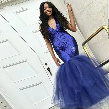 

Elegant African Black Girls Navy Blue Sequin Mermaid Prom Dresses 2019 Sleeveless V Neck Tulle Women Long Evening Party Gowns