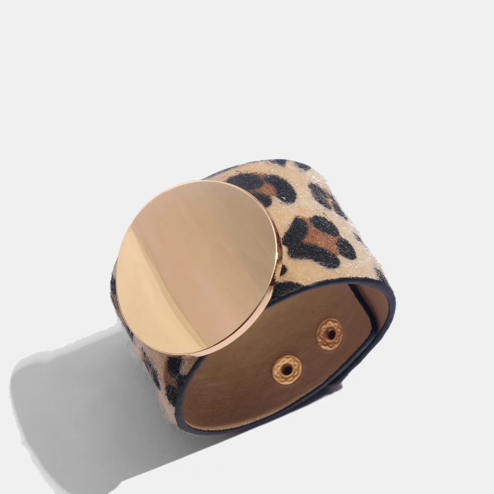 C0022YW Flatfoosie Fashion ZA Leopard Bangle Bracelets For Women Boho Gold Color Button Vintage Leather Bracelet Christmas Punk Jewelry - Окраска металла: C0022YW