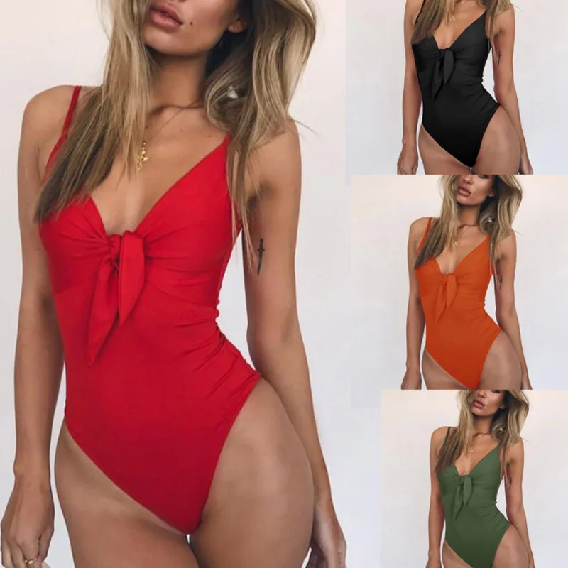 

Sexy One Piece Swimsuit Female 2019 Swimwear Women knotted Bowtie Bath Suits Push up Monokini Bathing Suit Sexy Swim wear Bikini