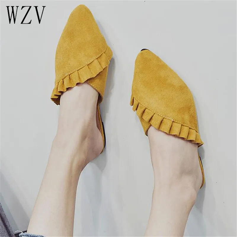 

New 2019 Pointed Toe Women Mules Suede Leather Flat Shoes Women Pleated Women Summer Shoes Flats Mujer Korean Style Shoes Woman