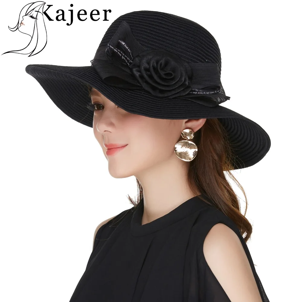 

Kajeer Fashion Black Boho Summer Beach Hat For church Women Straw Sun Hat Vacation Party Elegant Visor Chapeau Femme Panama