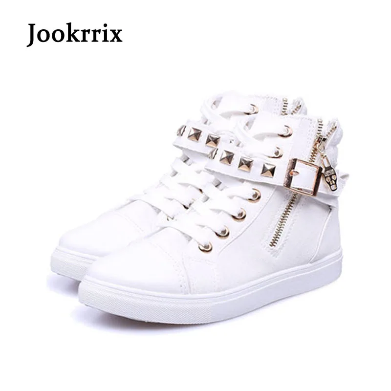 

Jookrrix New Spring Fashion Lady Casual White Shoes Women Sneaker Leisure High Top Shoes Black Rivets Flats Zipper Soft Flower
