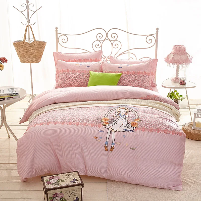 

Pink Cartoon Lovely girl Embroidery 100% cotton Bedding Set Duvet Cover Bed Linen Bed sheet Pillowcases Gift For Child 4pcs
