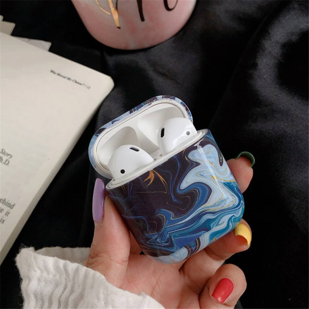 

1pc Hard PC Cover Case For Airpods 1 2 Dust Guard Blue Marble Oil Painting Protective Shell Charging Box for Airpods Cover