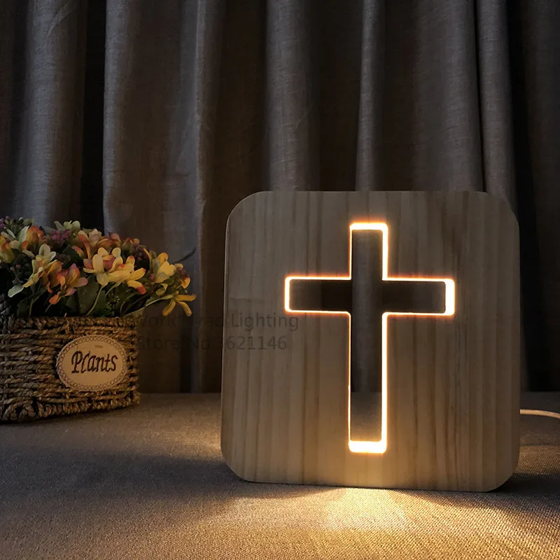 

USB 3D LED Wood Night Light jesu cross christiana 3D Illusion Luminaria Lamp Gifts For christian religious catholicism orthodox