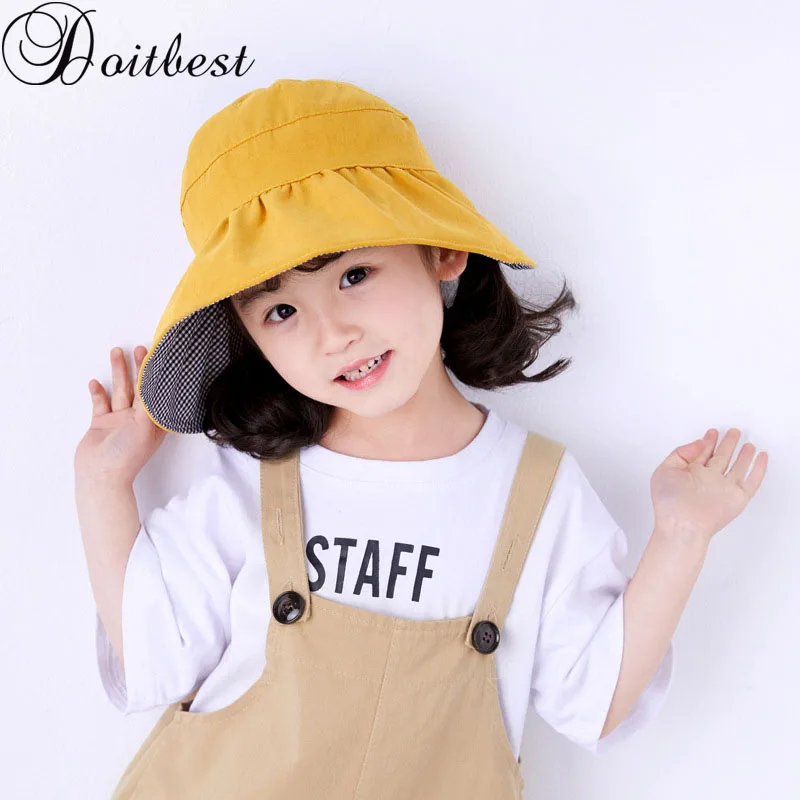 

Doitbest Summer boy girls Bucket fishing Hats Sunscreen sun cap folding Double top empty Spring solid kids child fisherman hat