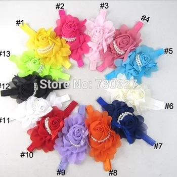 

10 Pcs/Lot Newborn Headbands Fabric Flowers Chiffon Flower Solid Rose Pearl Flower Elastic Headbands Girls Hair Accessories